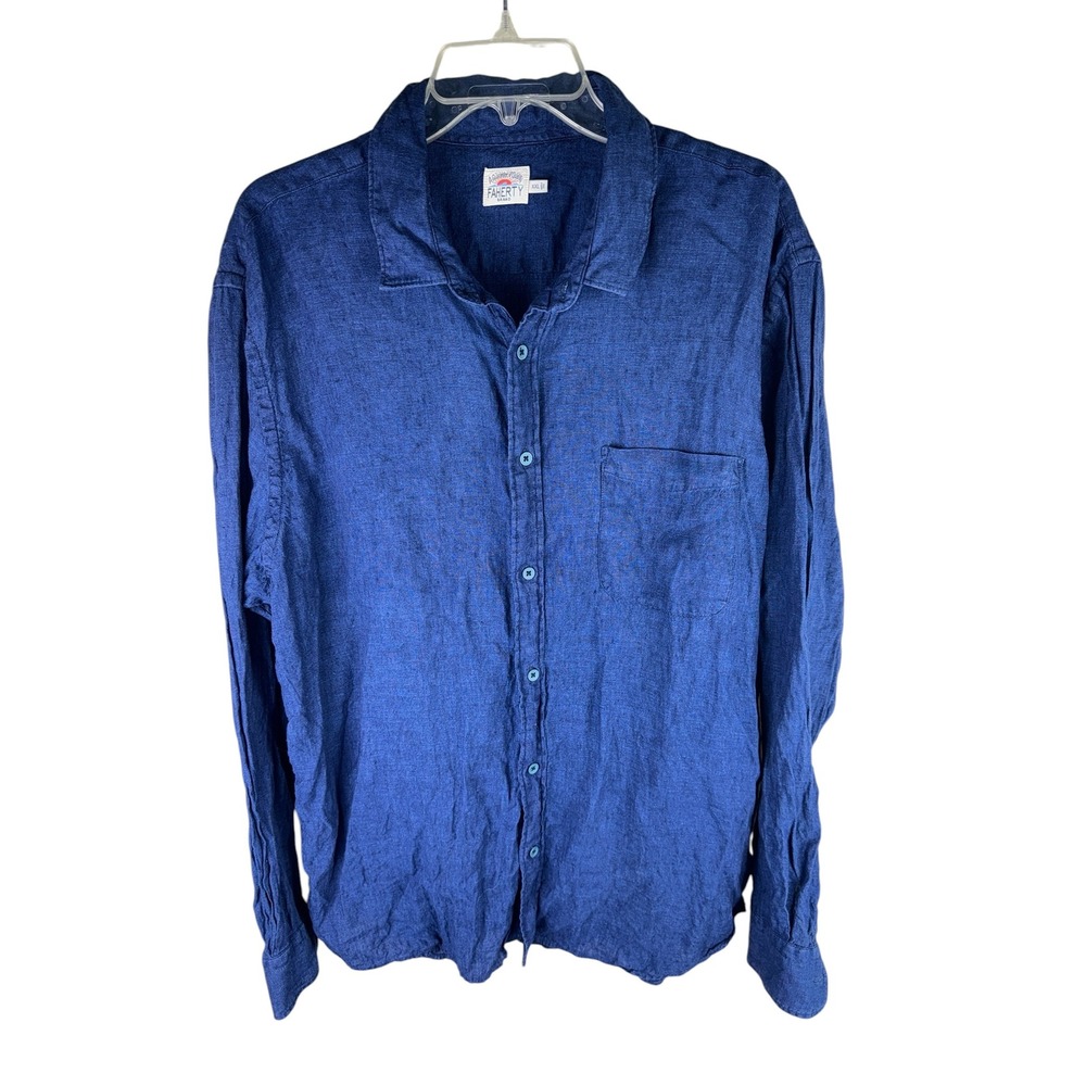 Faherty Brand Mens XXL Indigo Dyed 100% Linen Long Sleeve Button Down Shirt Blue